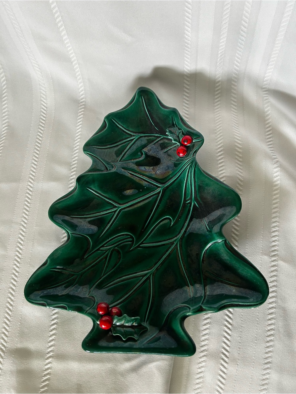 Vintage Lefton Christmas Tree Candy Dish Emerald Green Red Holly Berries Decor